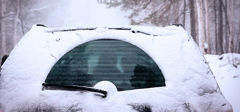 snow covered car in forest