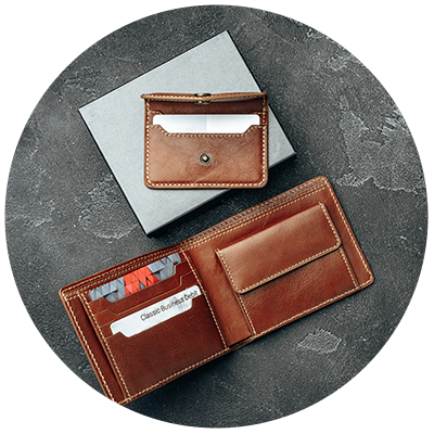 brown open wallet on slate background