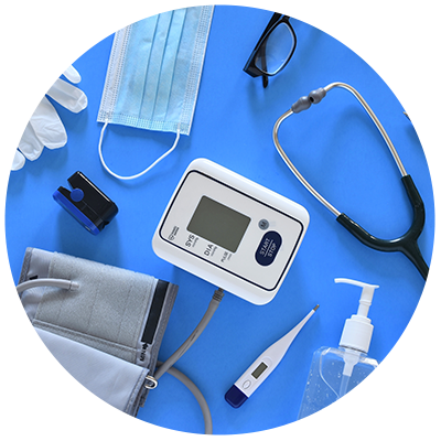 medical equipment on blue background